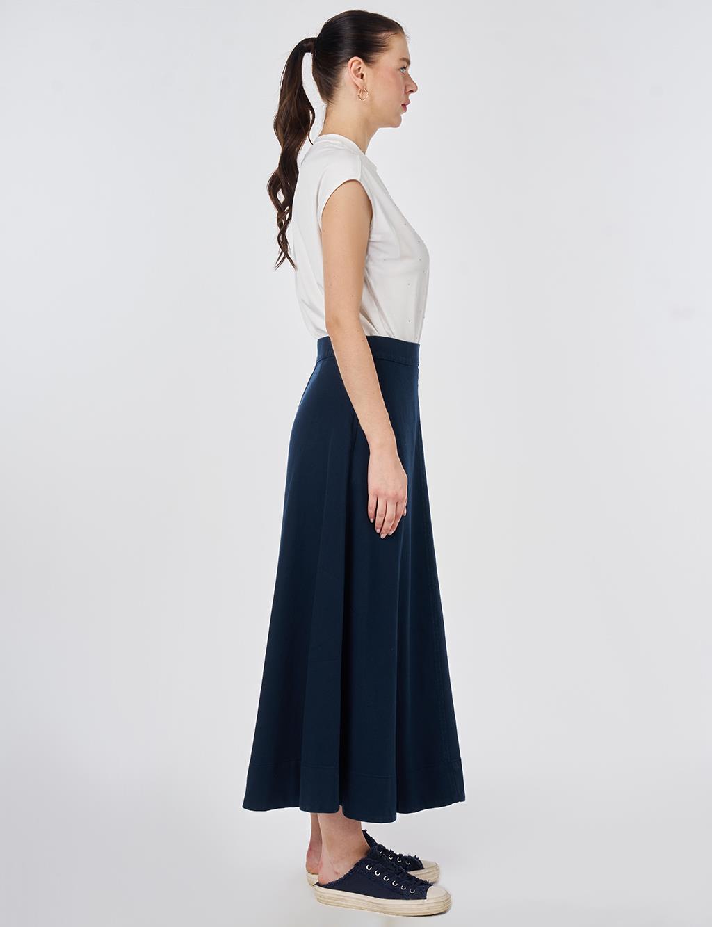 Punto Dikişli Non Denim Etek Koyu Lacivert