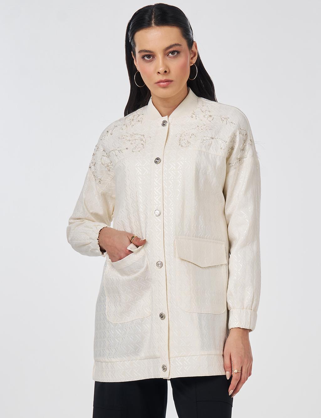 Embroidered Detail Jacquard Jacket Cream