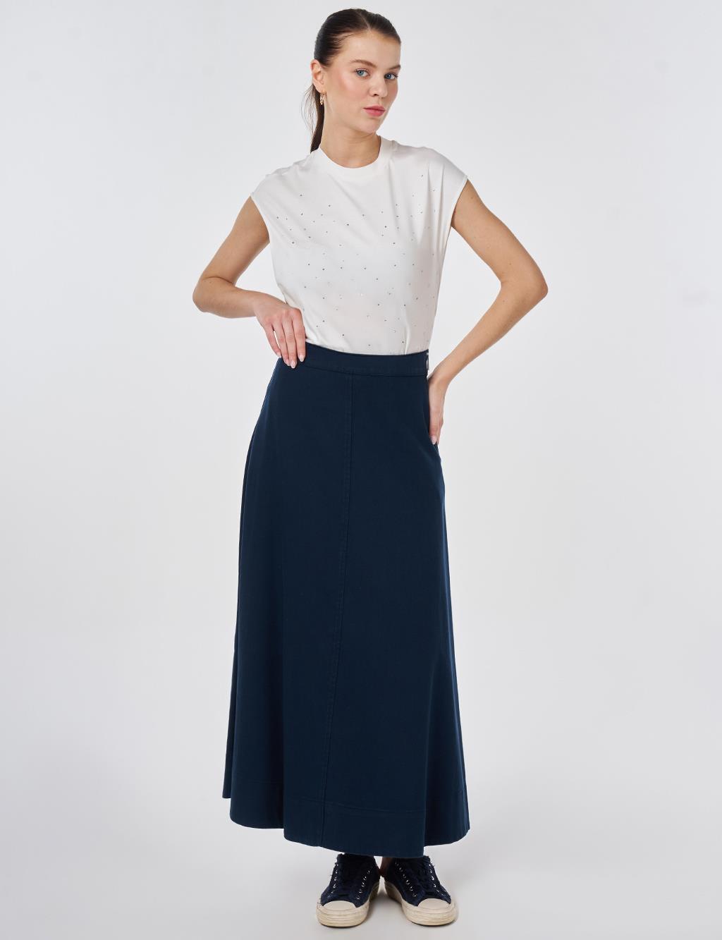 Punto Dikişli Non Denim Etek Koyu Lacivert