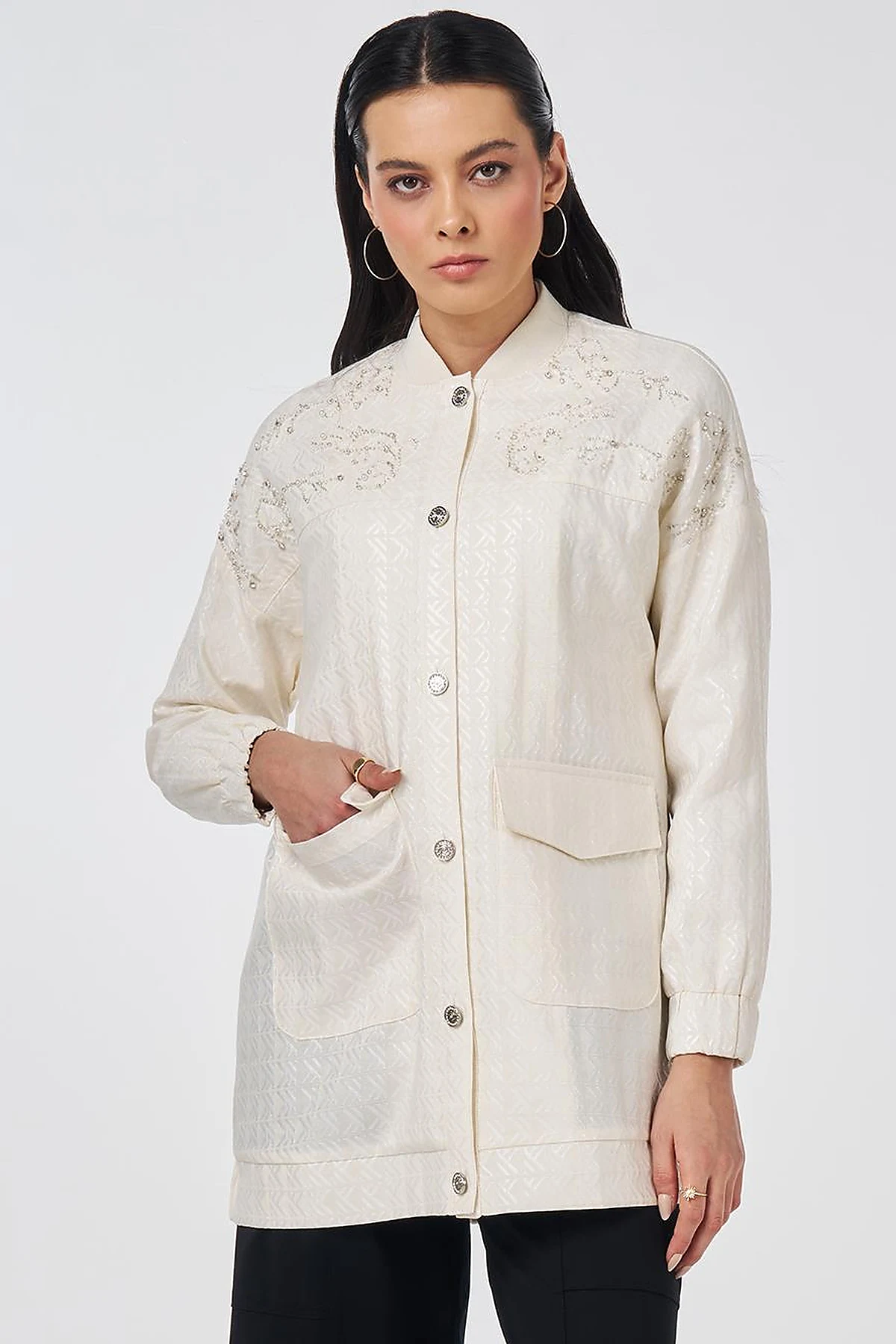 Embroidered Detail Jacquard Jacket Cream
