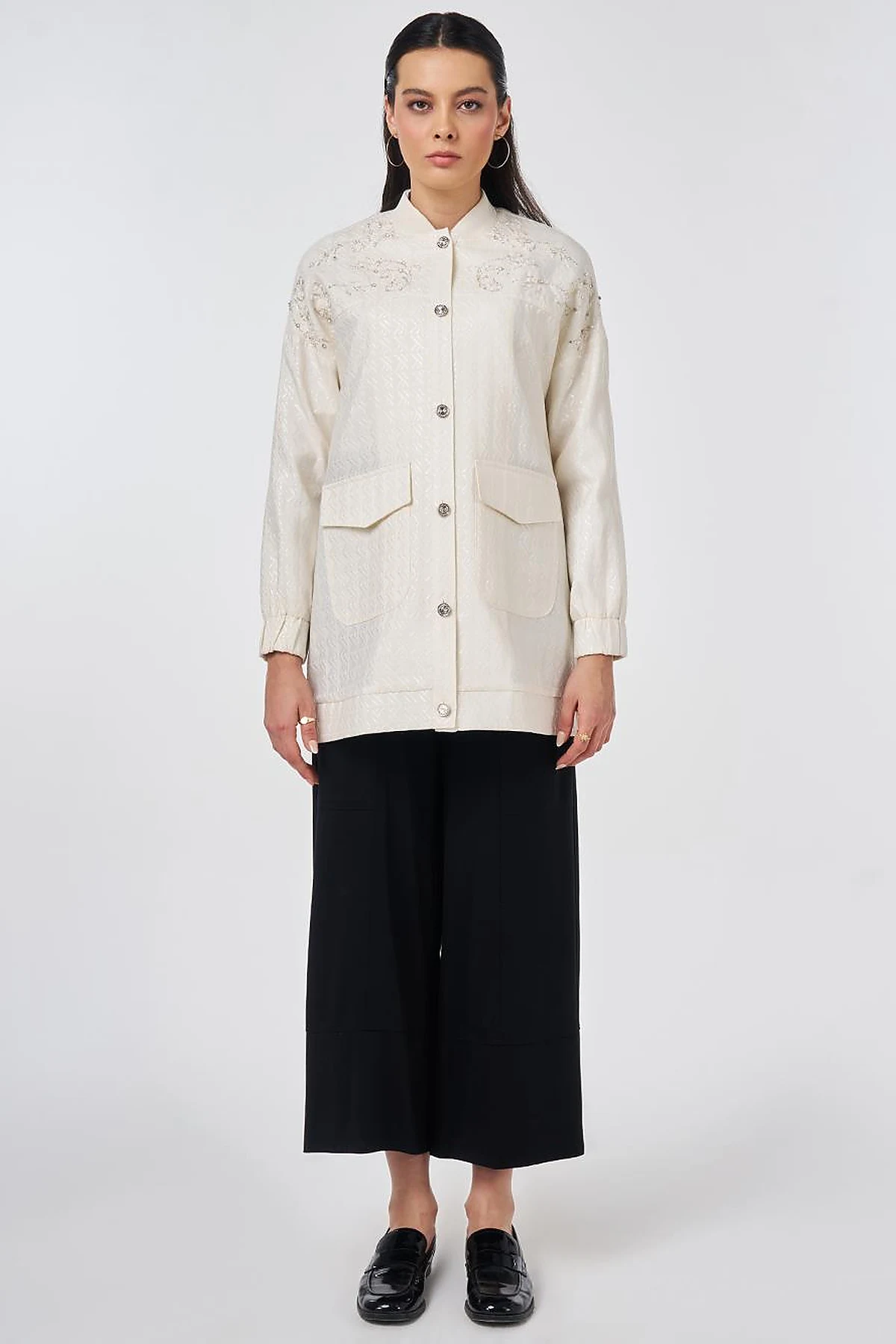 Embroidered Detail Jacquard Jacket Cream