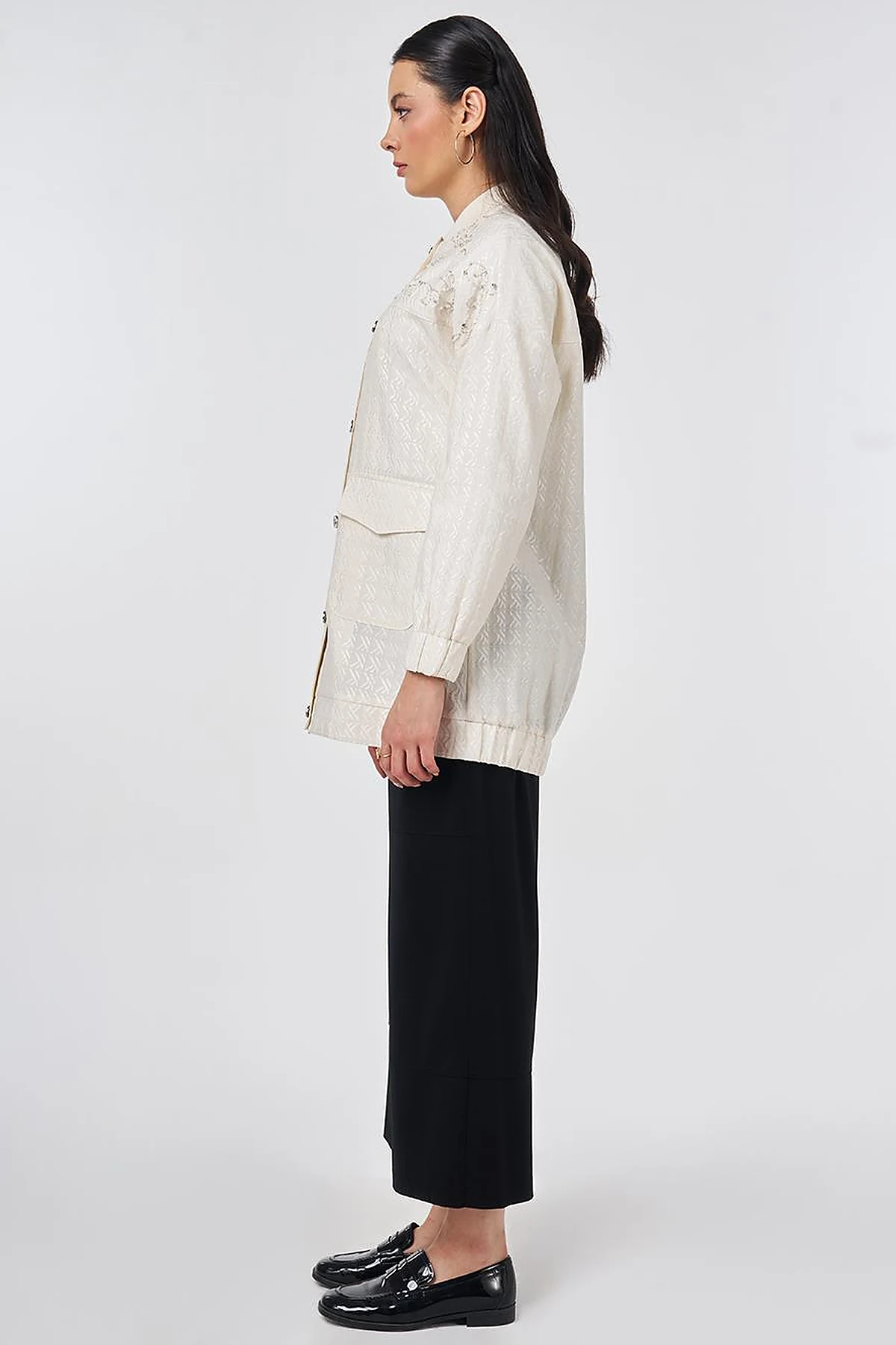 Embroidered Detail Jacquard Jacket Cream