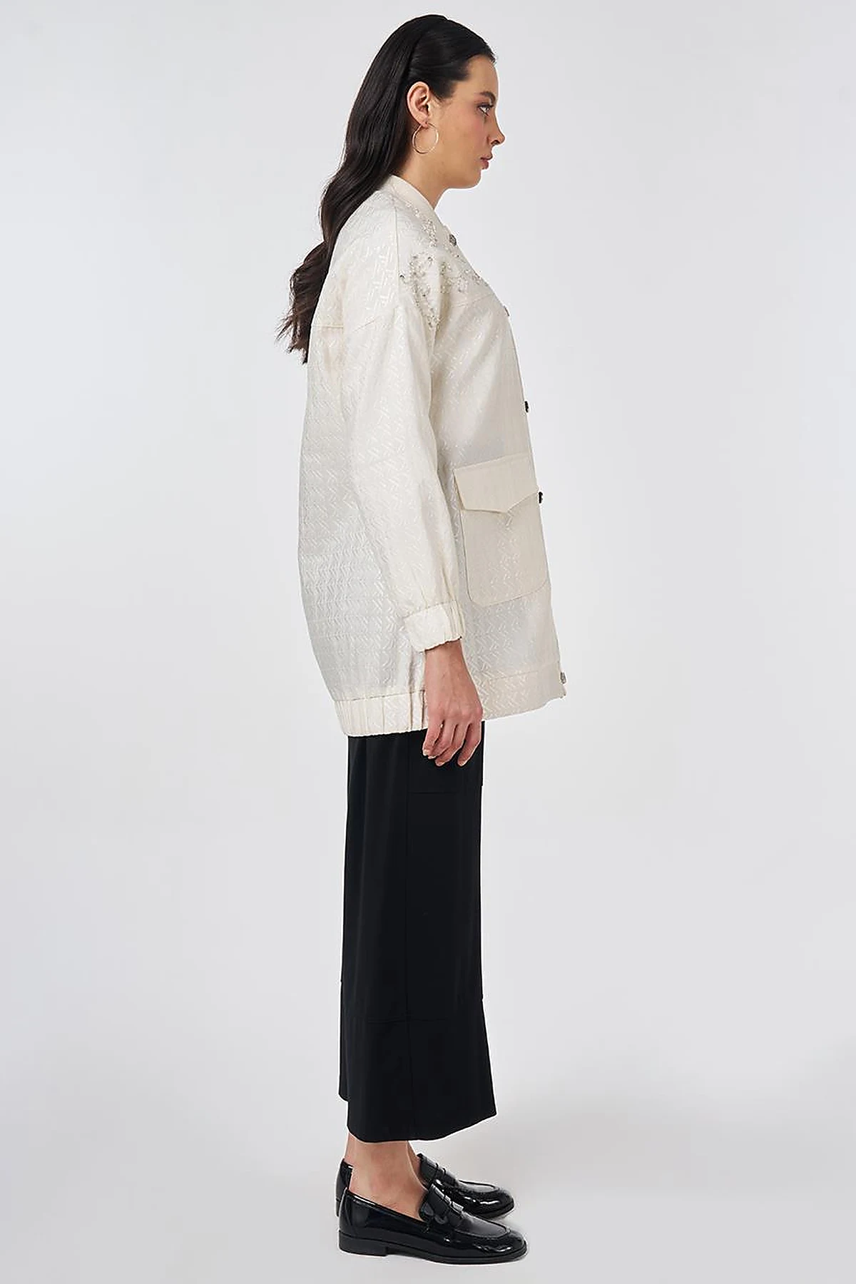 Embroidered Detail Jacquard Jacket Cream