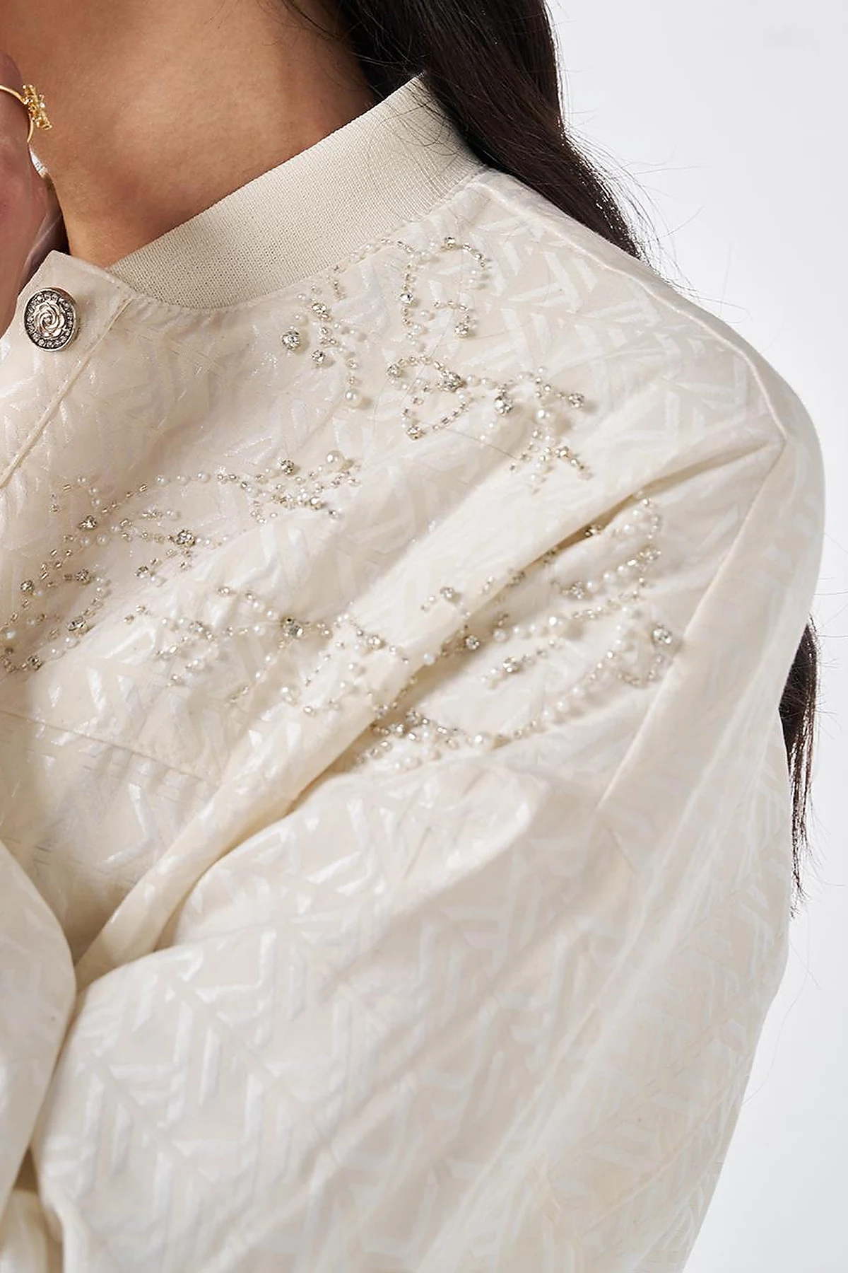 Embroidered Detail Jacquard Jacket Cream