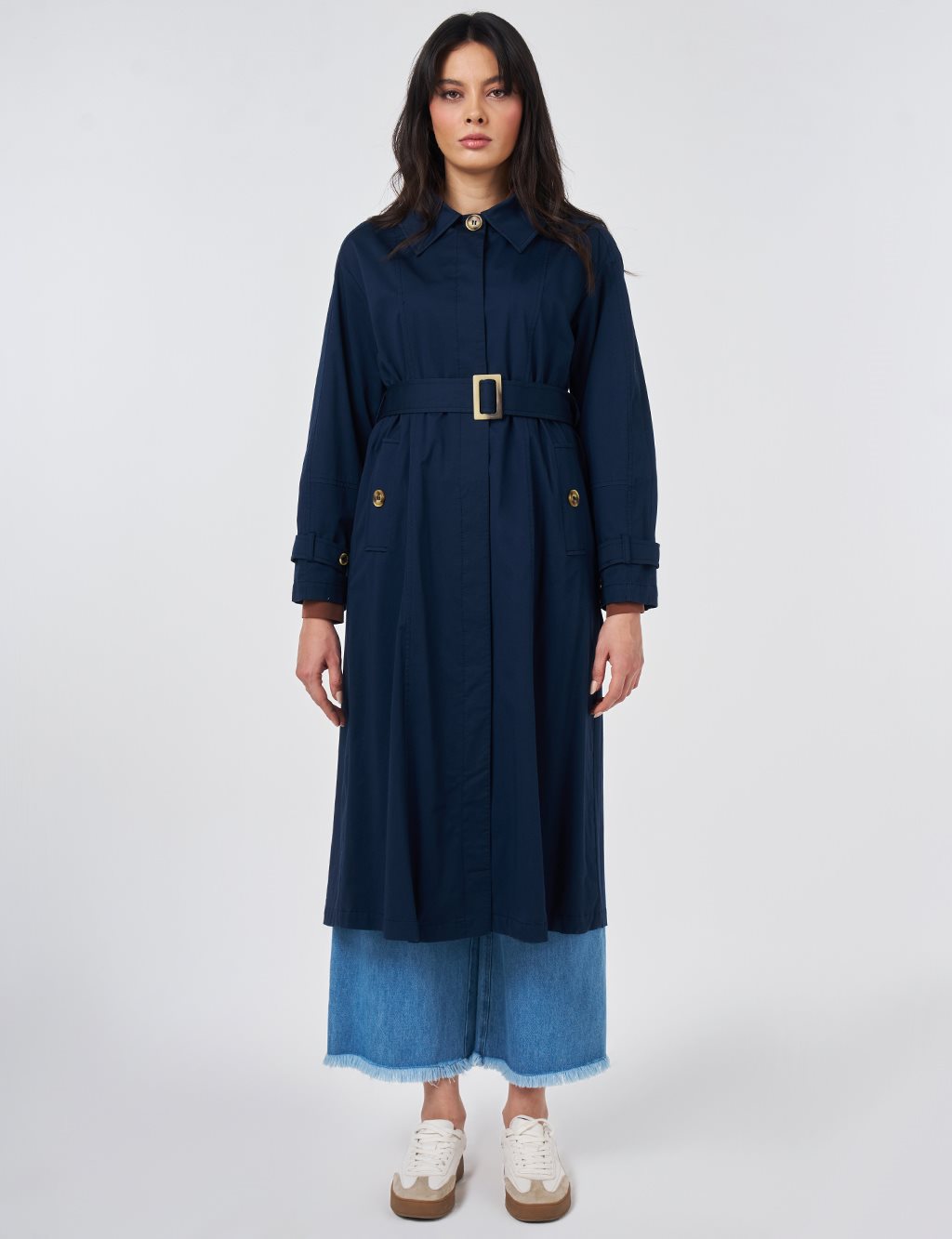 Shirt Collar Belted Trench Coat Dark Navy