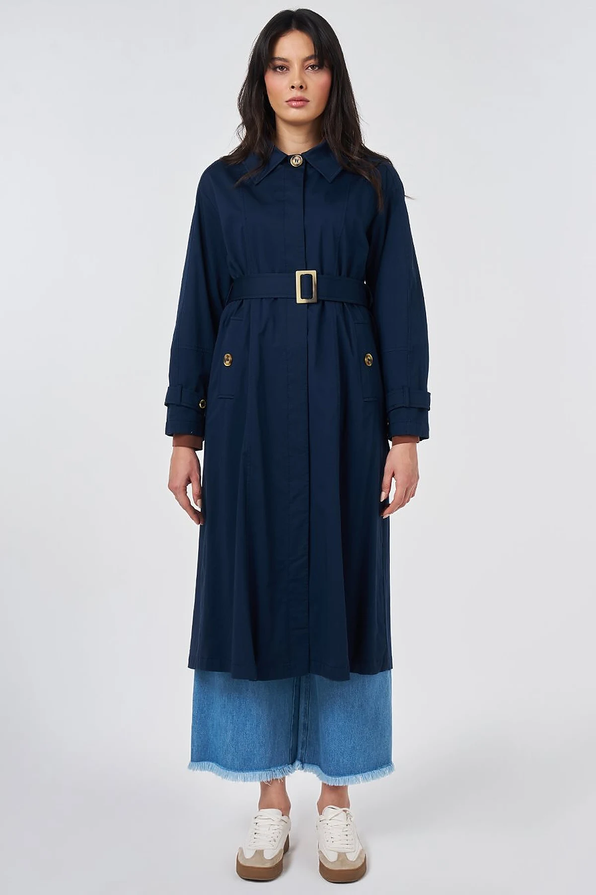 Shirt Collar Belted Trench Coat Dark Navy