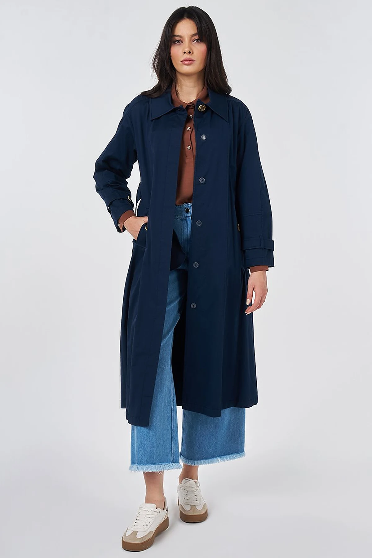 Shirt Collar Belted Trench Coat Dark Navy