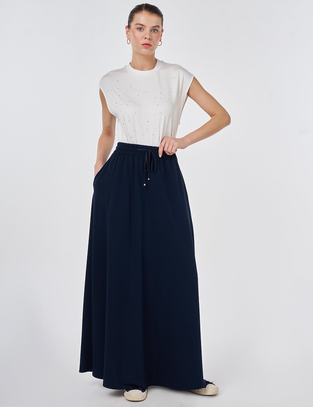 Drawstring Flared Skirt Dark Navy