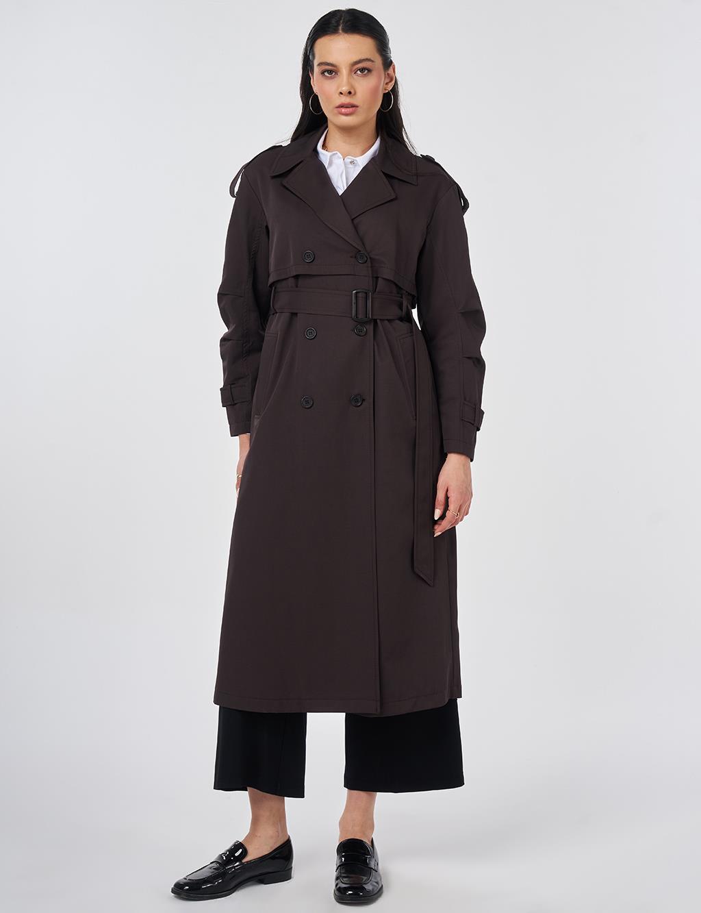 Apolet Detaylı Trençkot Koyu Kahve