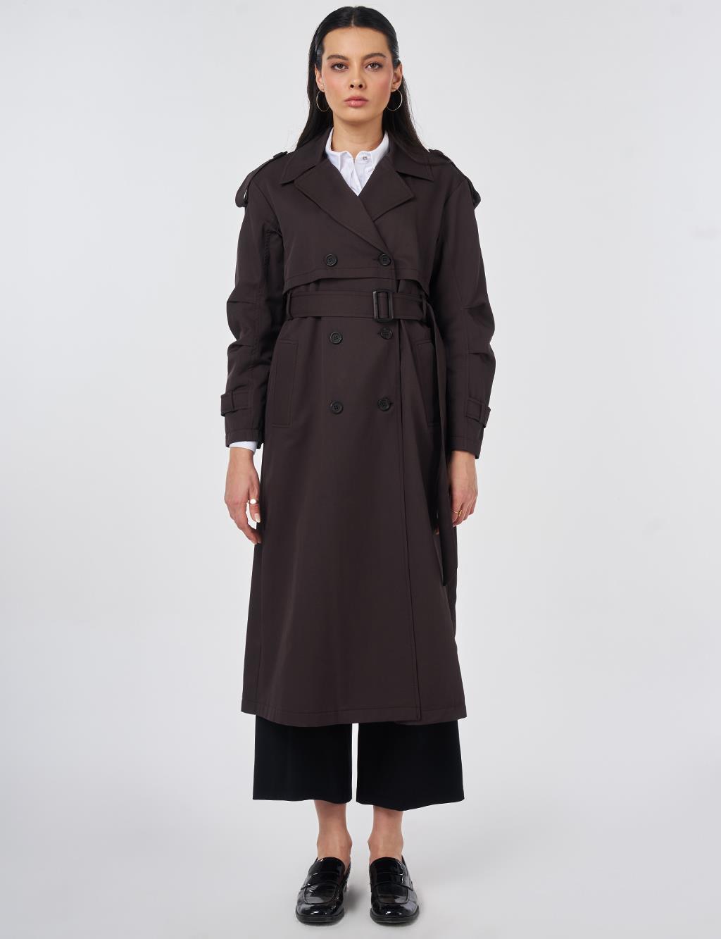 Apolet Detaylı Trençkot Koyu Kahve