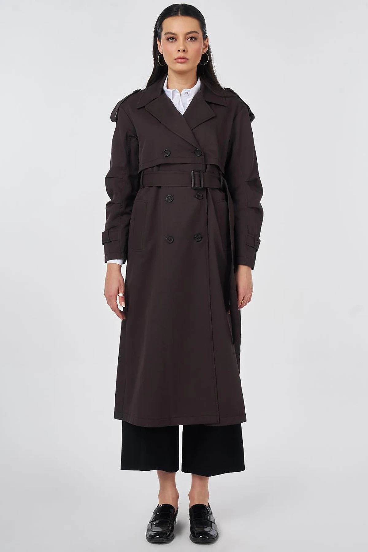 Notched Lapel-Collar Belted Trench Coat Dark Brown