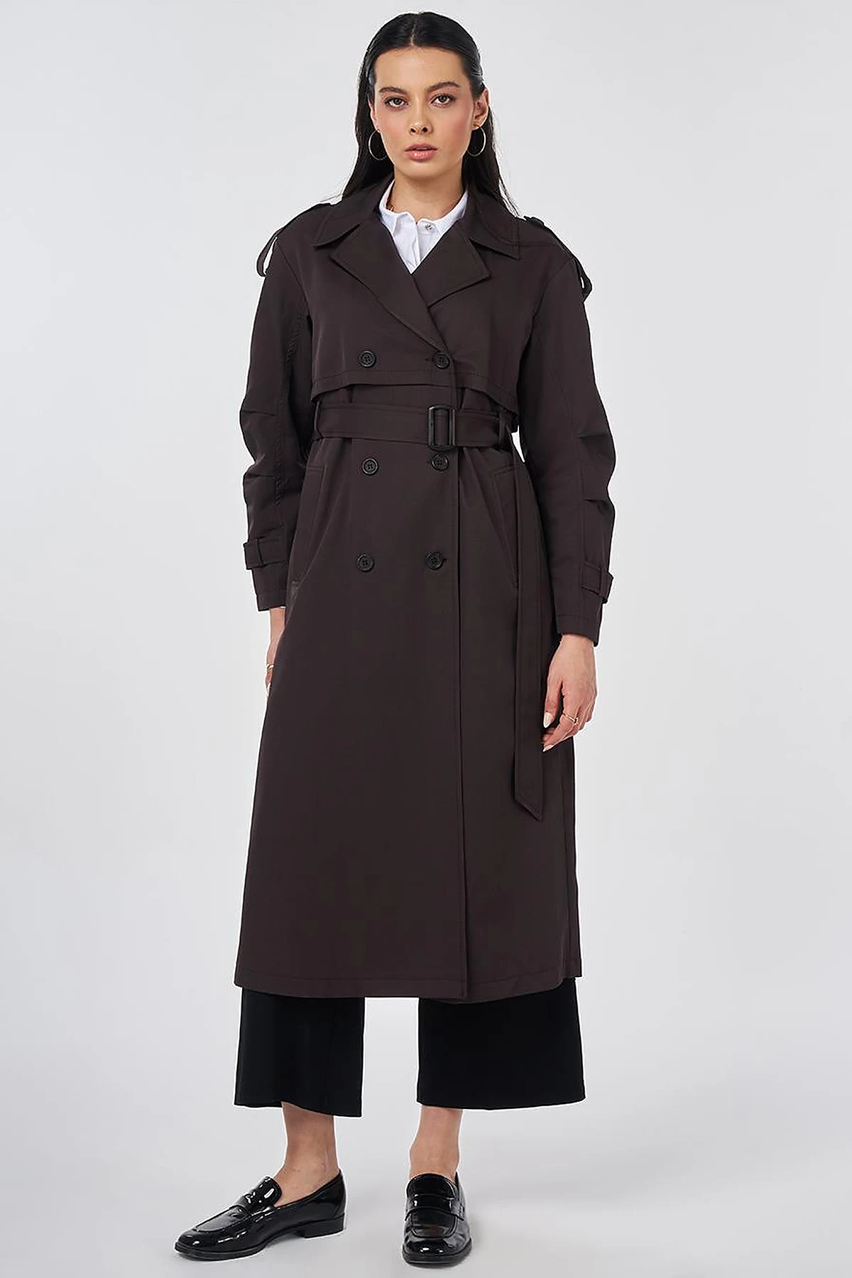 Notched Lapel-Collar Belted Trench Coat Dark Brown