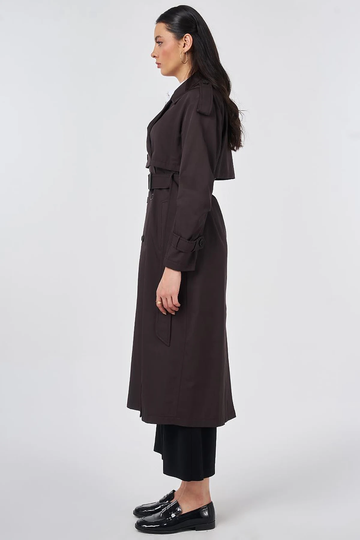 Notched Lapel-Collar Belted Trench Coat Dark Brown