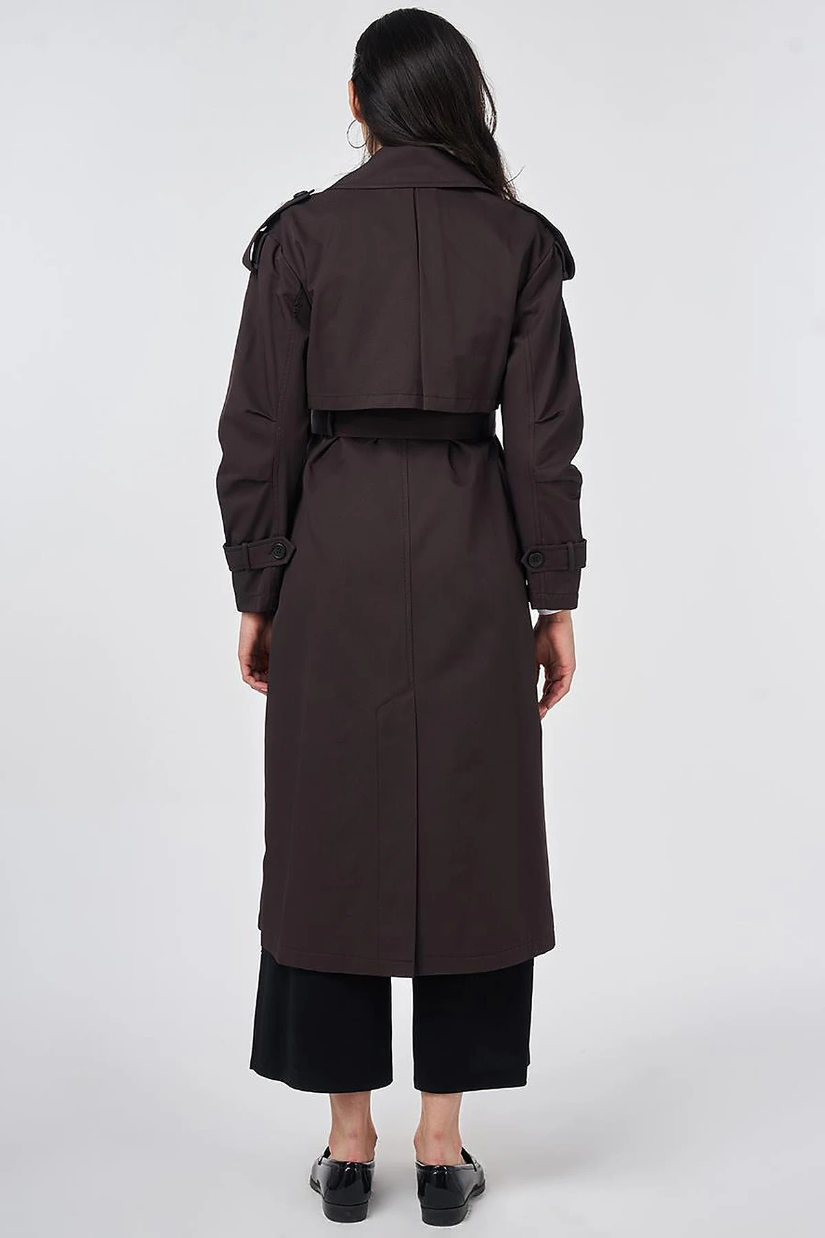 Notched Lapel-Collar Belted Trench Coat Dark Brown