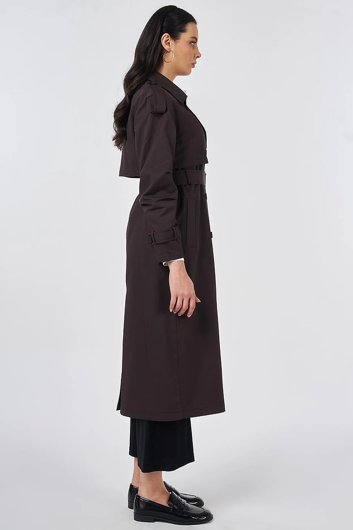 Notched Lapel-Collar Belted Trench Coat Dark Brown