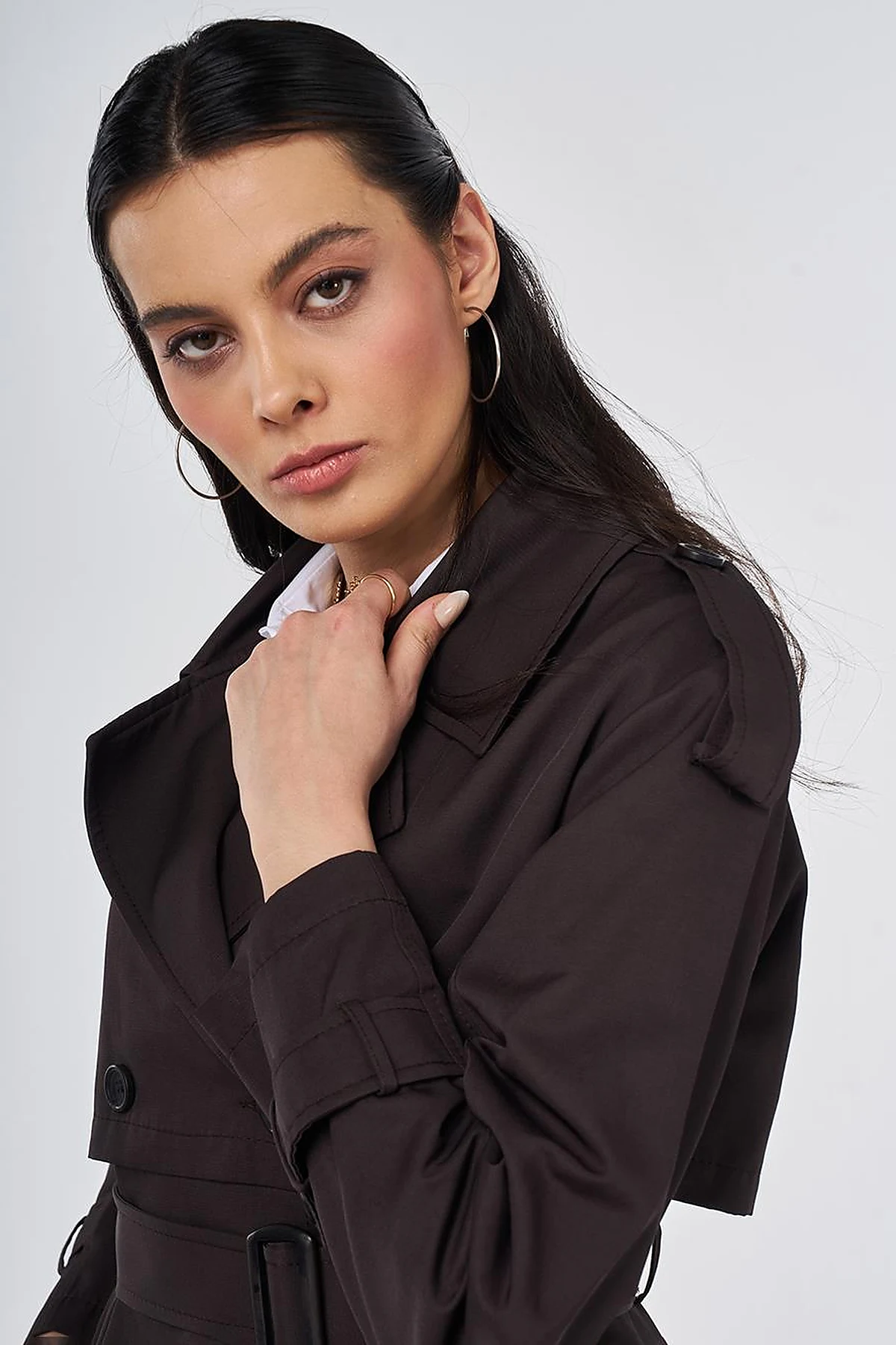 Notched Lapel-Collar Belted Trench Coat Dark Brown