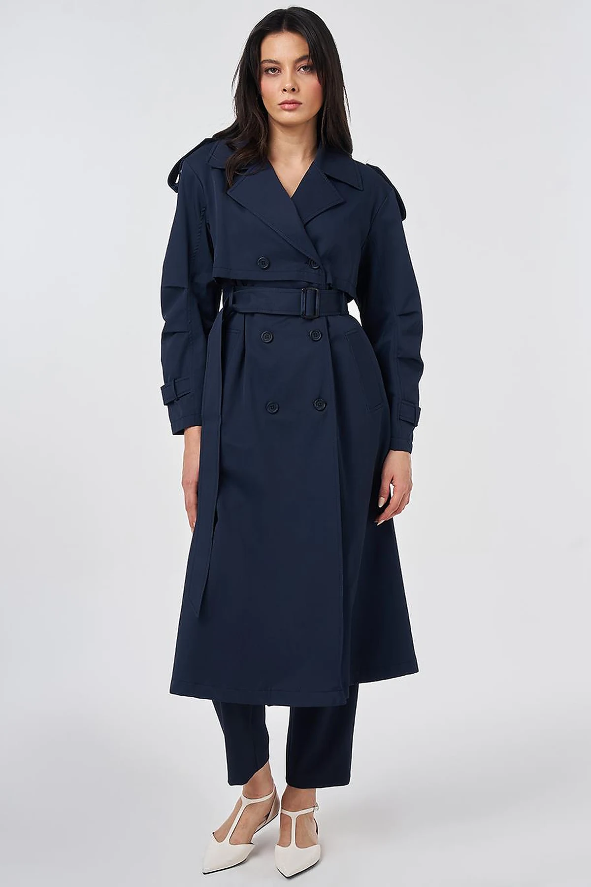Notched Lapel-Collar Belted Trench Coat Dark Navy