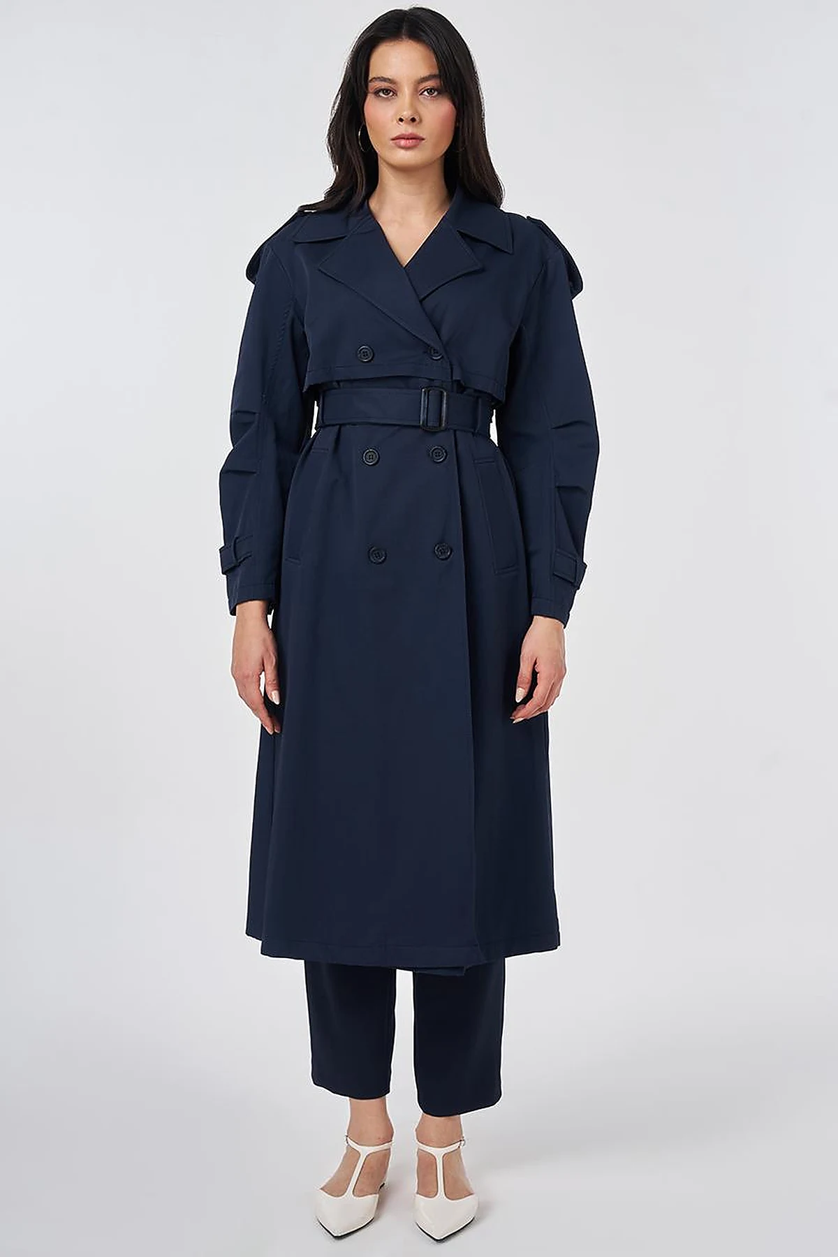 Notched Lapel-Collar Belted Trench Coat Dark Navy