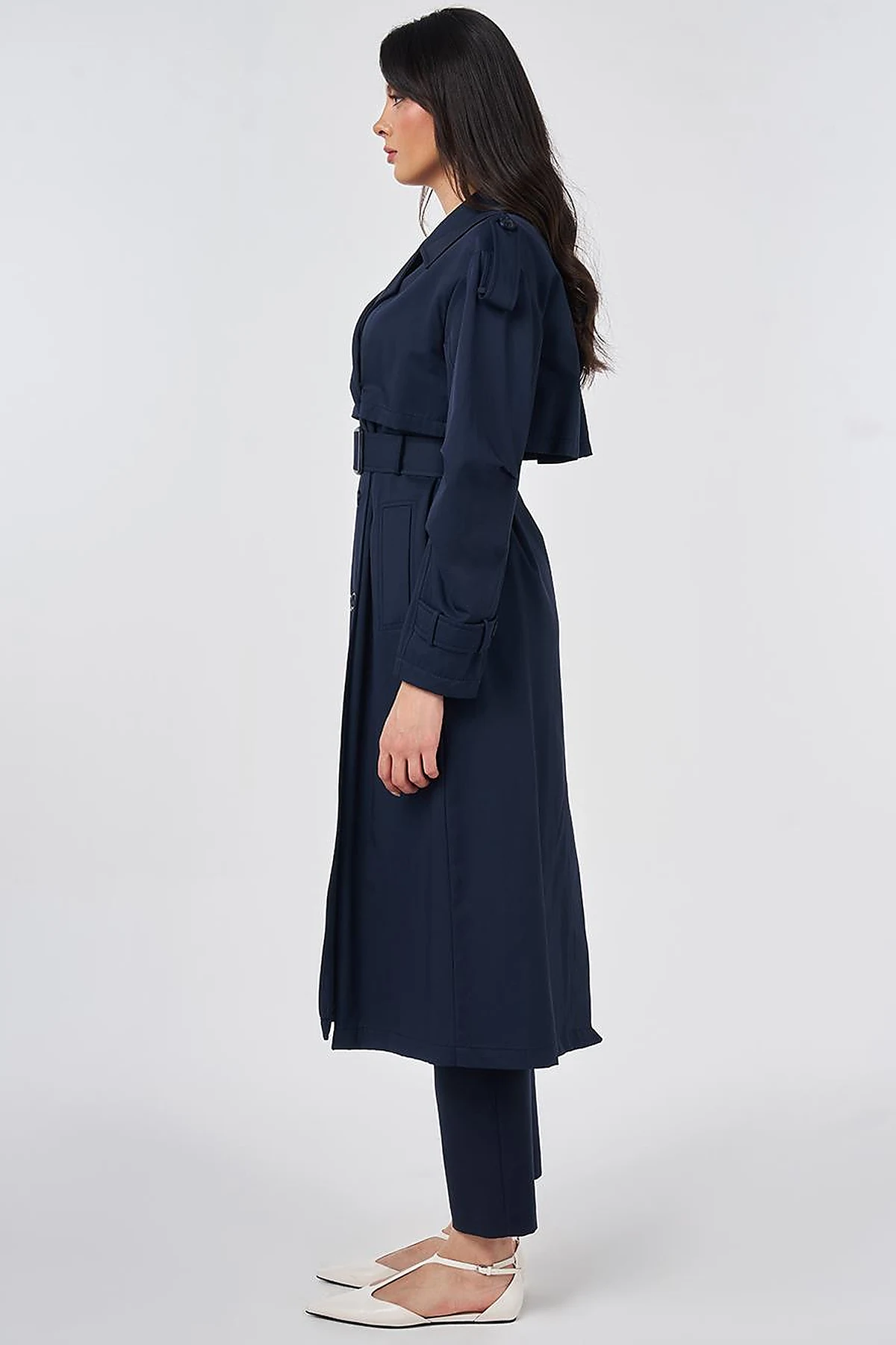 Notched Lapel-Collar Belted Trench Coat Dark Navy