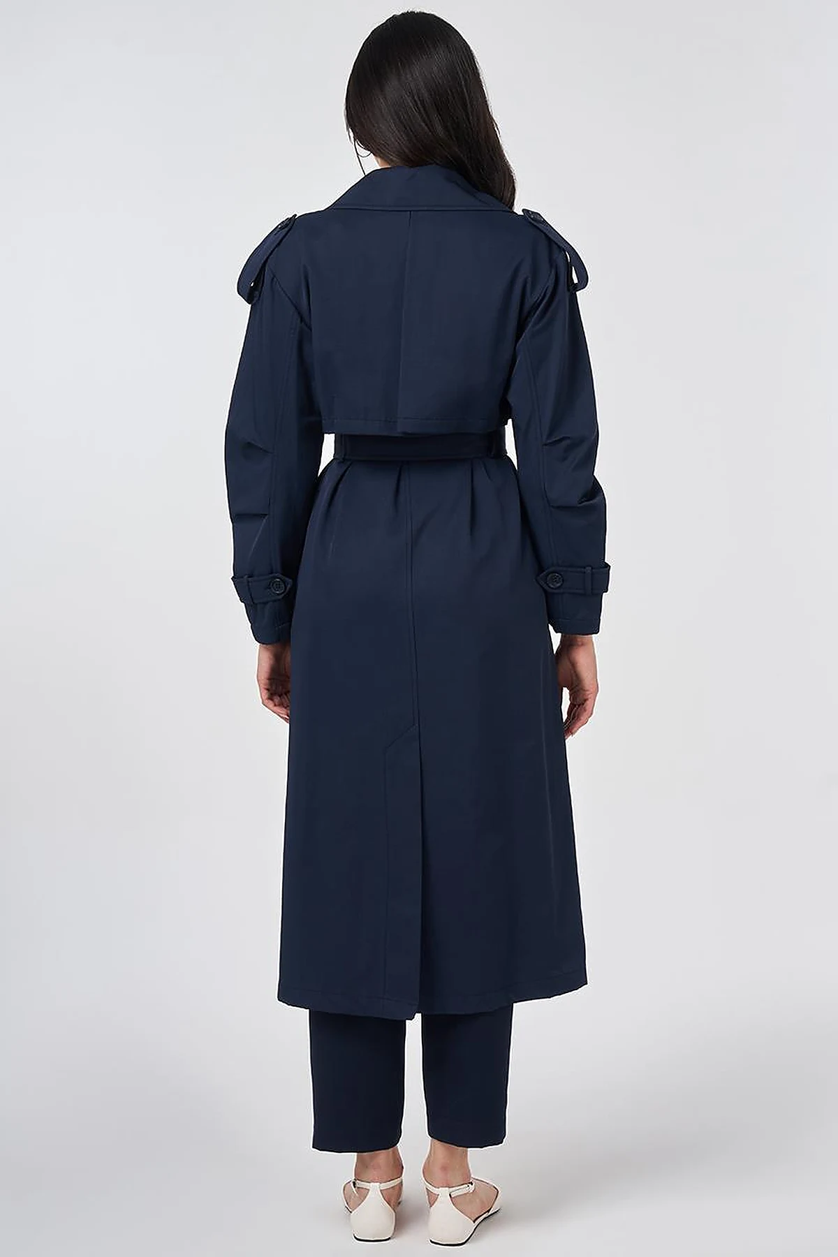 Notched Lapel-Collar Belted Trench Coat Dark Navy