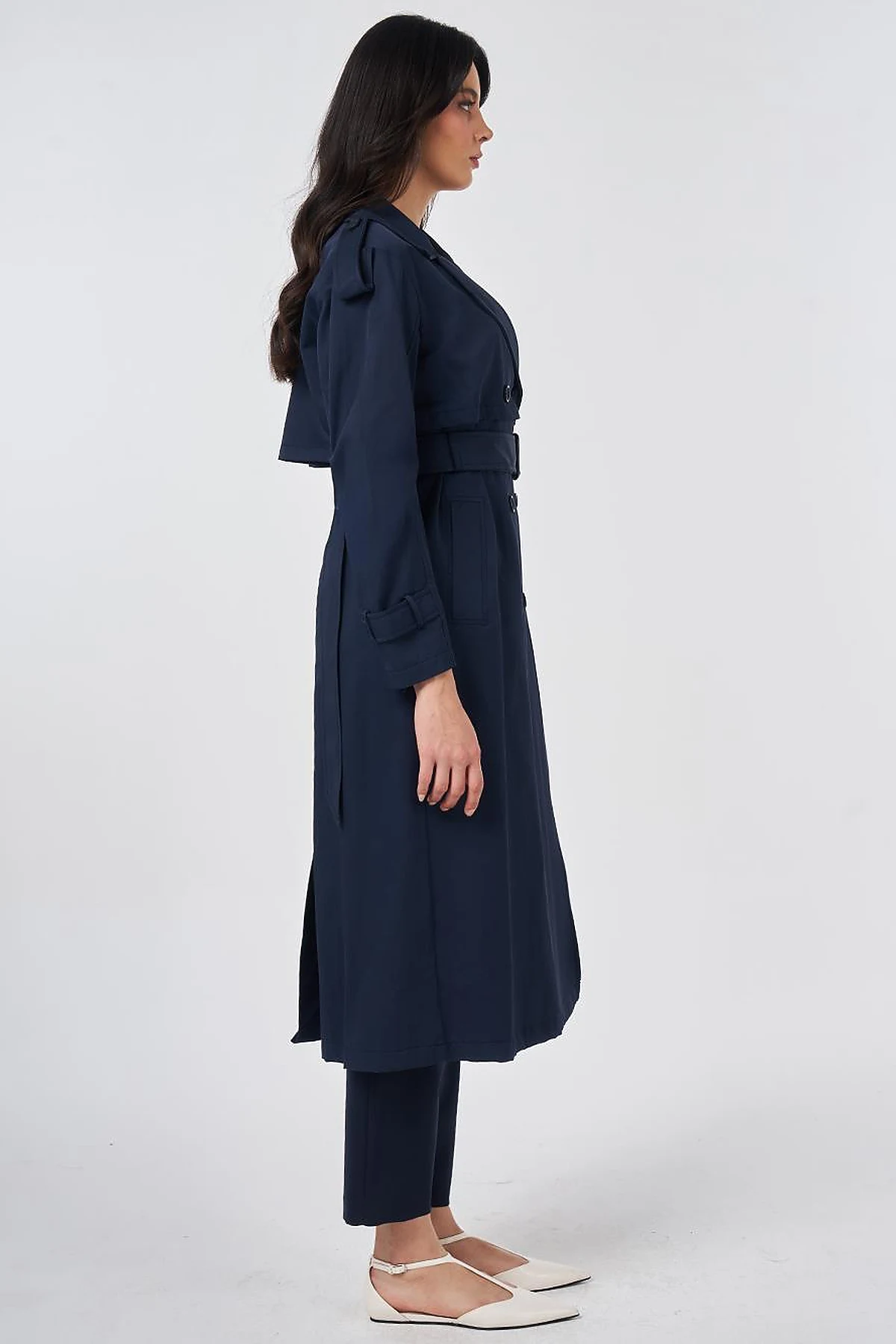 Notched Lapel-Collar Belted Trench Coat Dark Navy