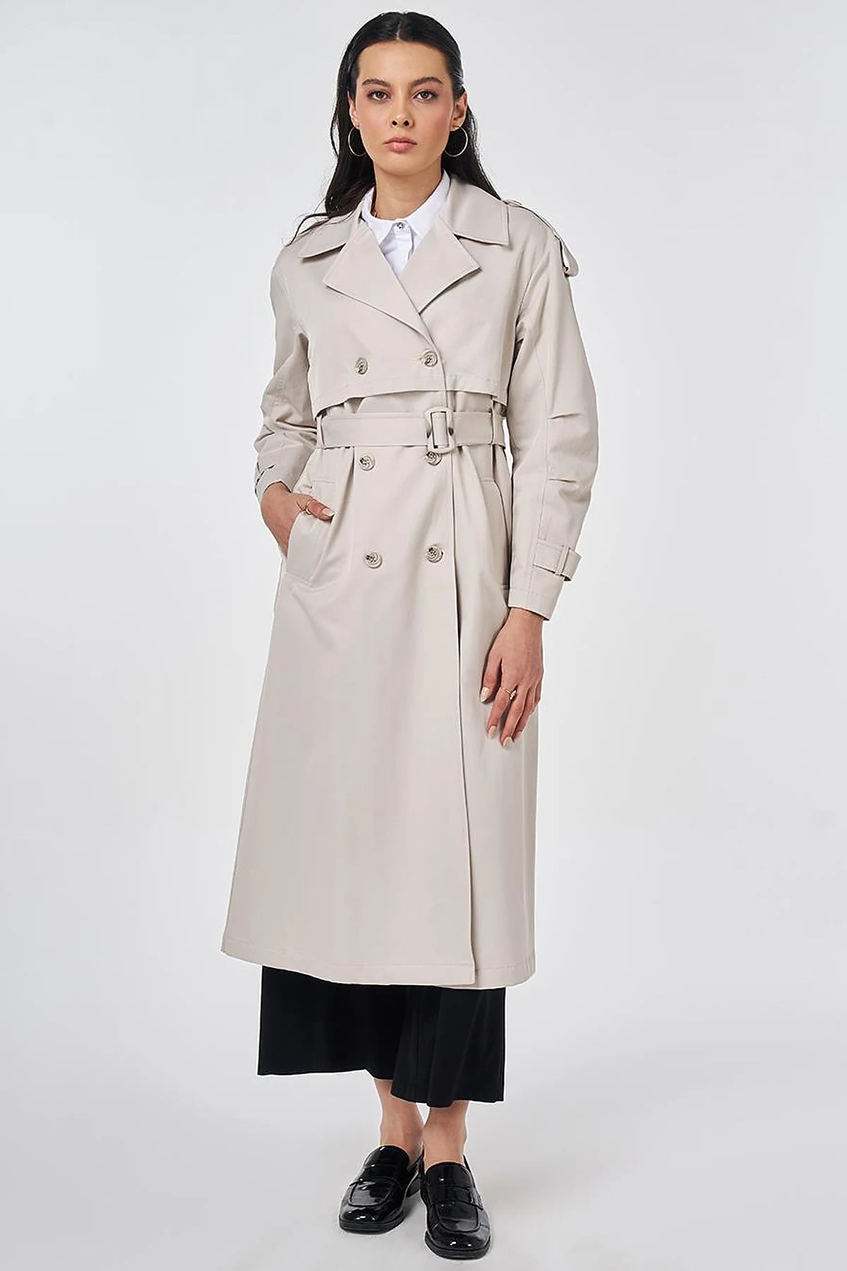 Notched Lapel-Collar Belted Trench Coat Stone