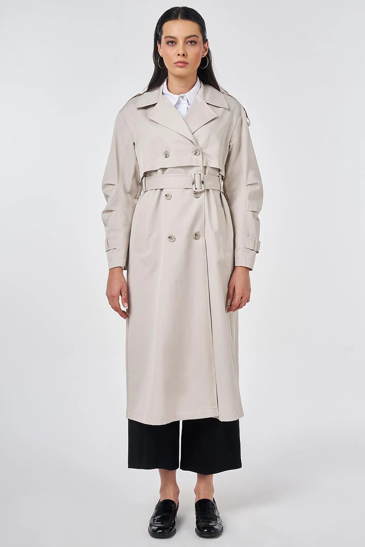 Notched Lapel-Collar Belted Trench Coat Stone
