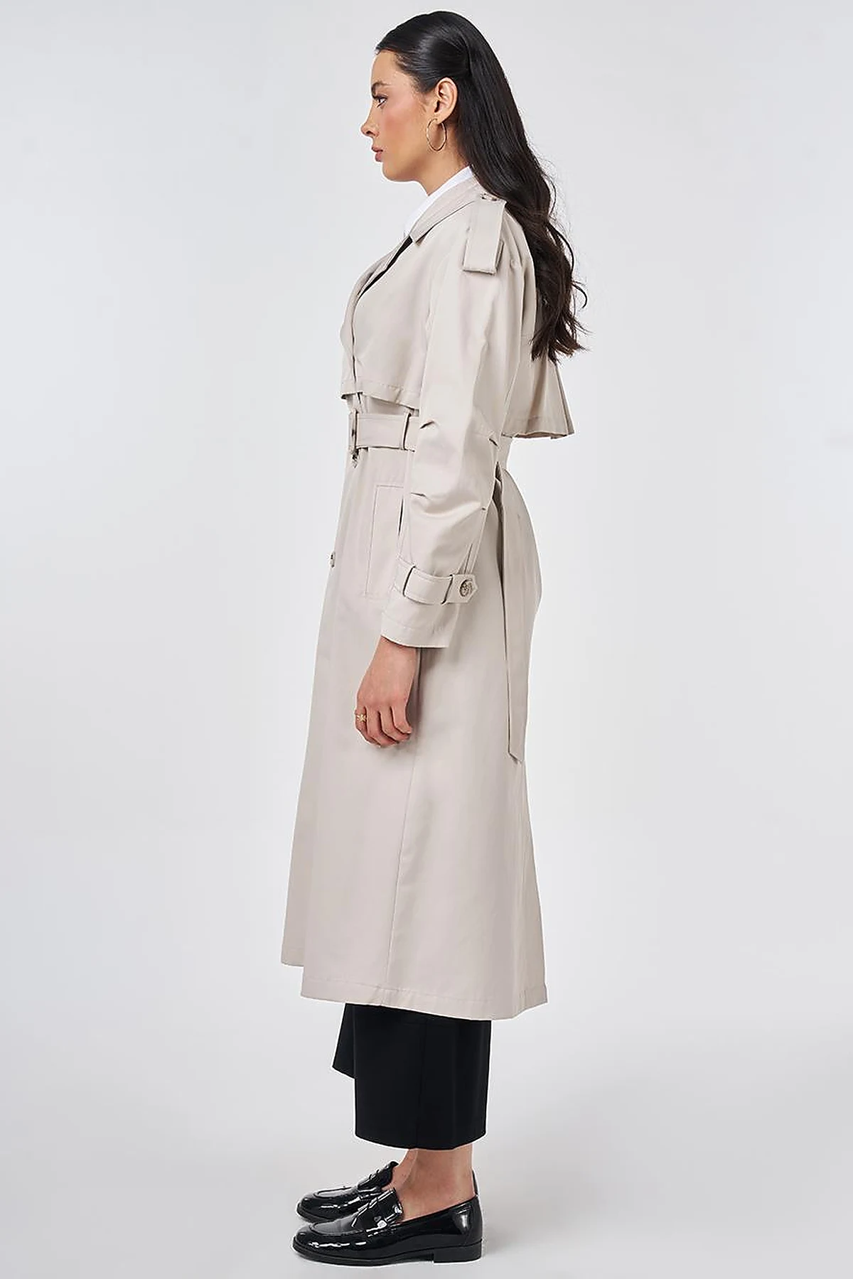 Notched Lapel-Collar Belted Trench Coat Stone