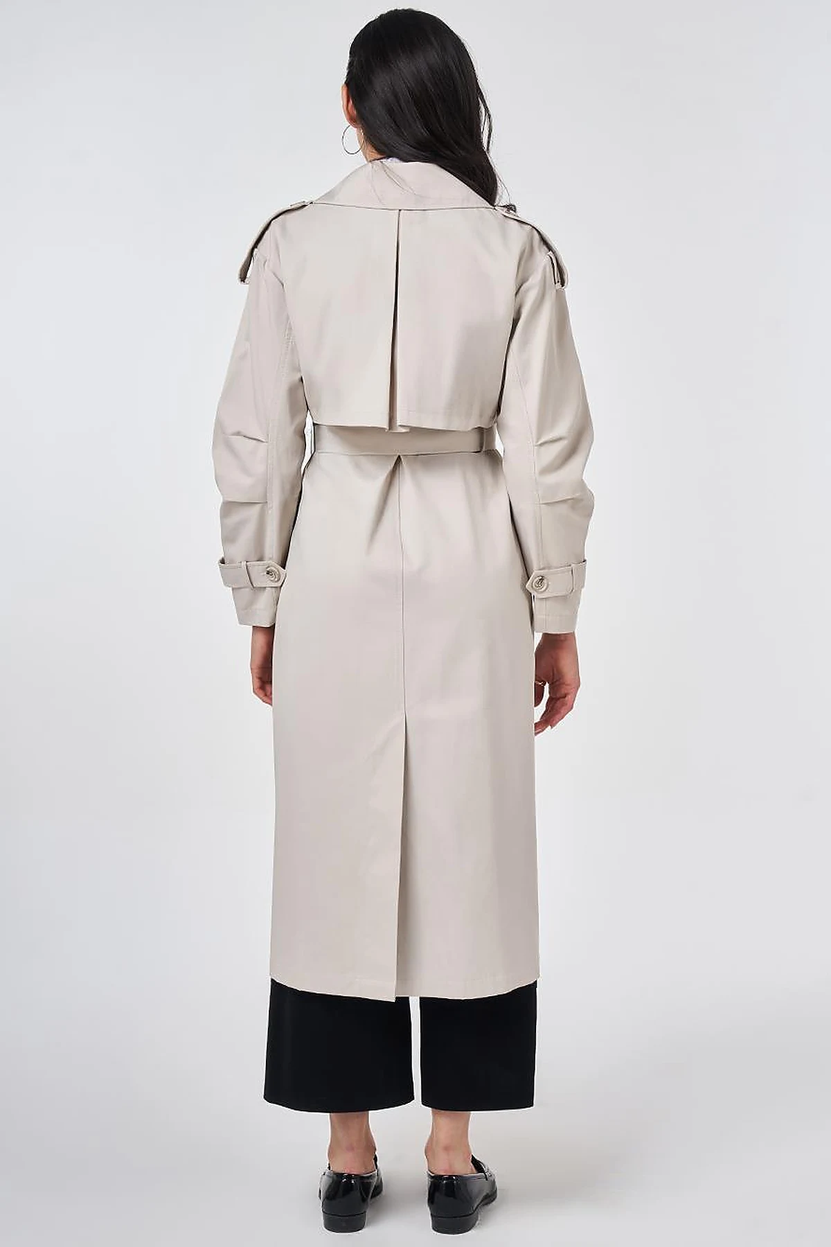 Notched Lapel-Collar Belted Trench Coat Stone