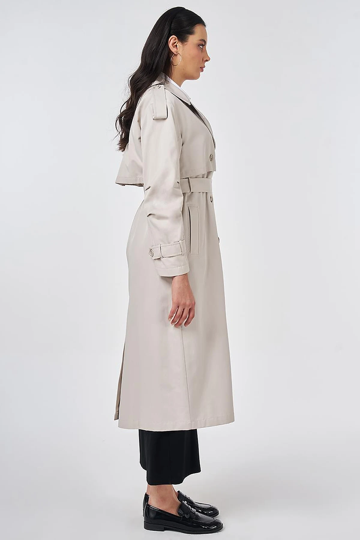 Notched Lapel-Collar Belted Trench Coat Stone