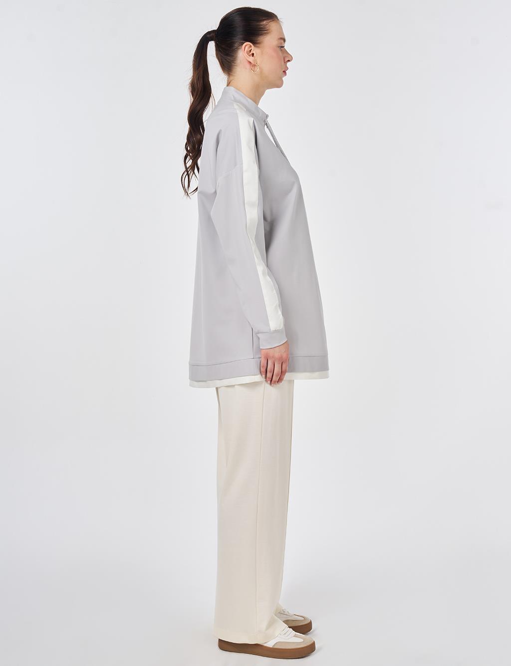 Drawstring Stand Collar Sweatshirt Light Gray