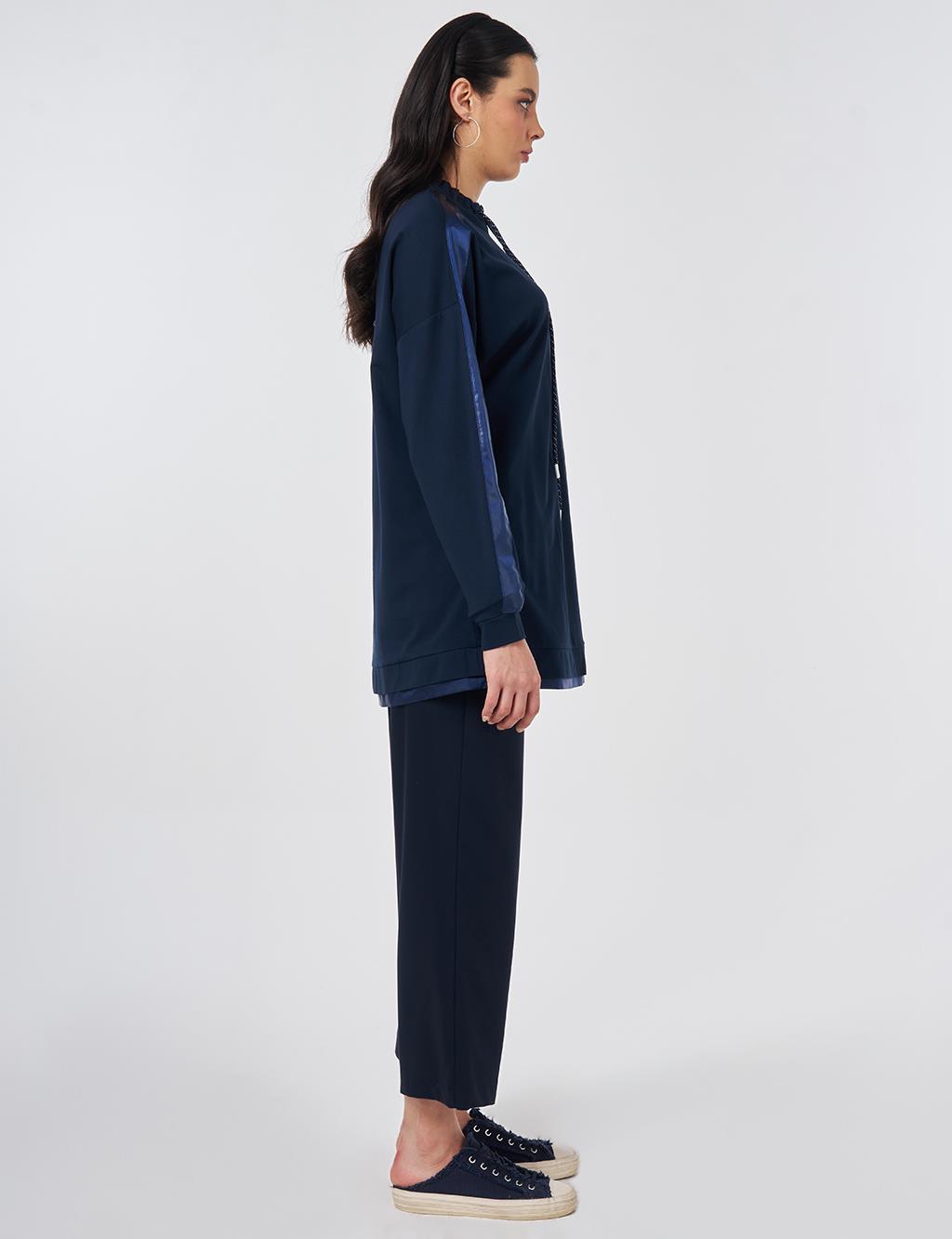 Drawstring Stand Collar Sweatshirt Dark Navy Blue