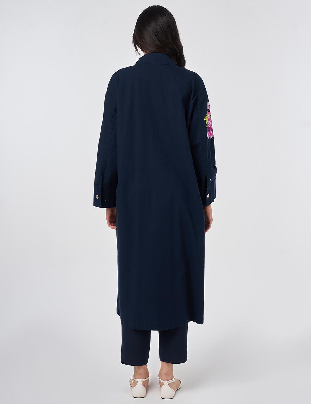 Floral Print Detail Coat Dark Navy