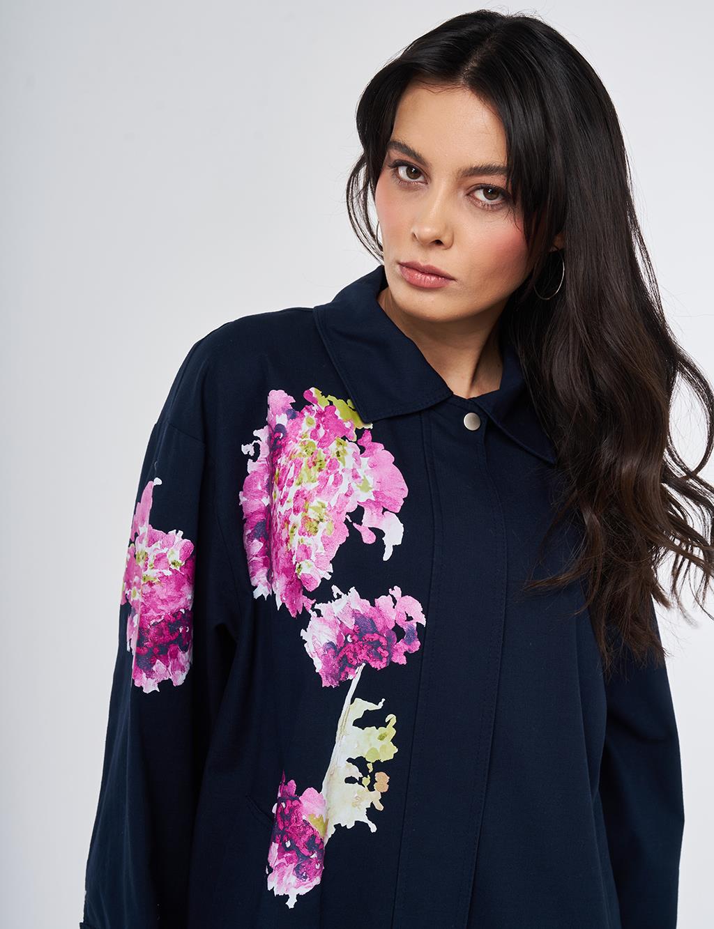 Floral Print Detail Coat Dark Navy