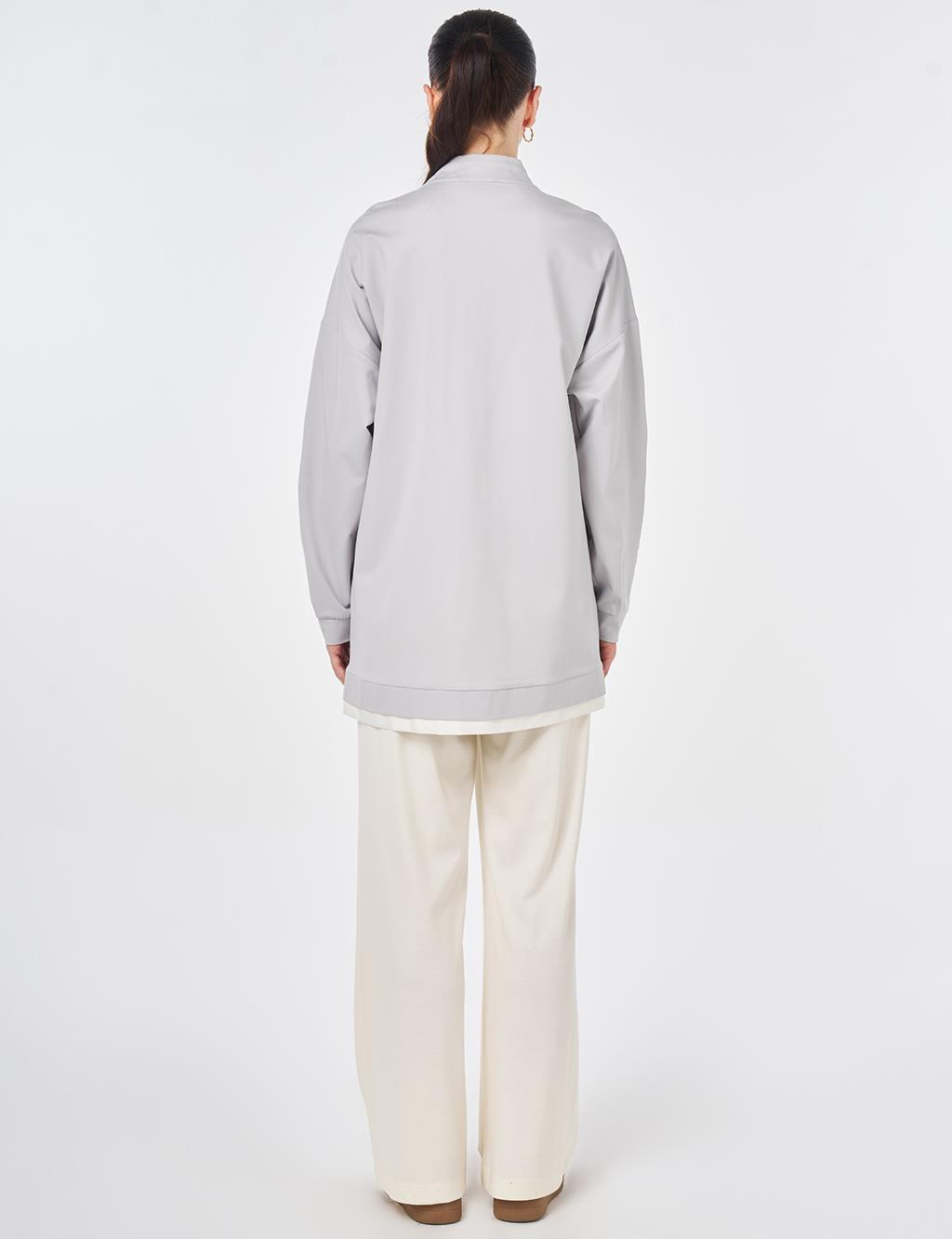 Drawstring Stand Collar Sweatshirt Light Gray