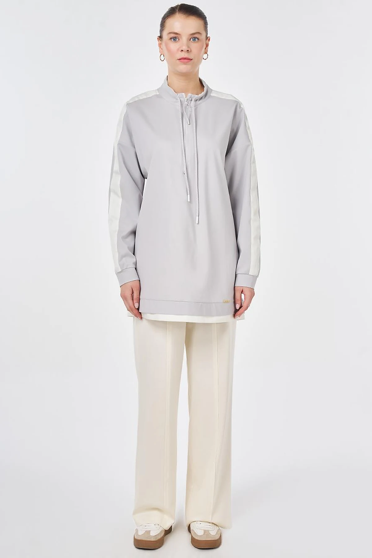 Drawstring Stand Collar Sweatshirt Light Gray