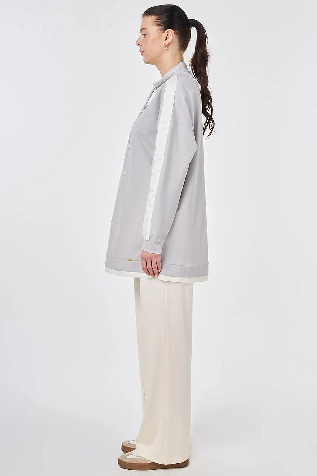 Drawstring Stand Collar Sweatshirt Light Gray
