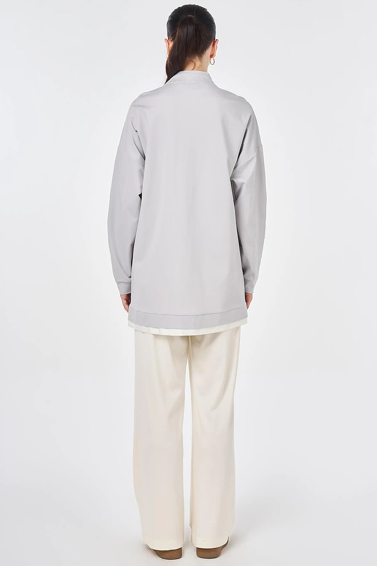 Drawstring Stand Collar Sweatshirt Light Gray