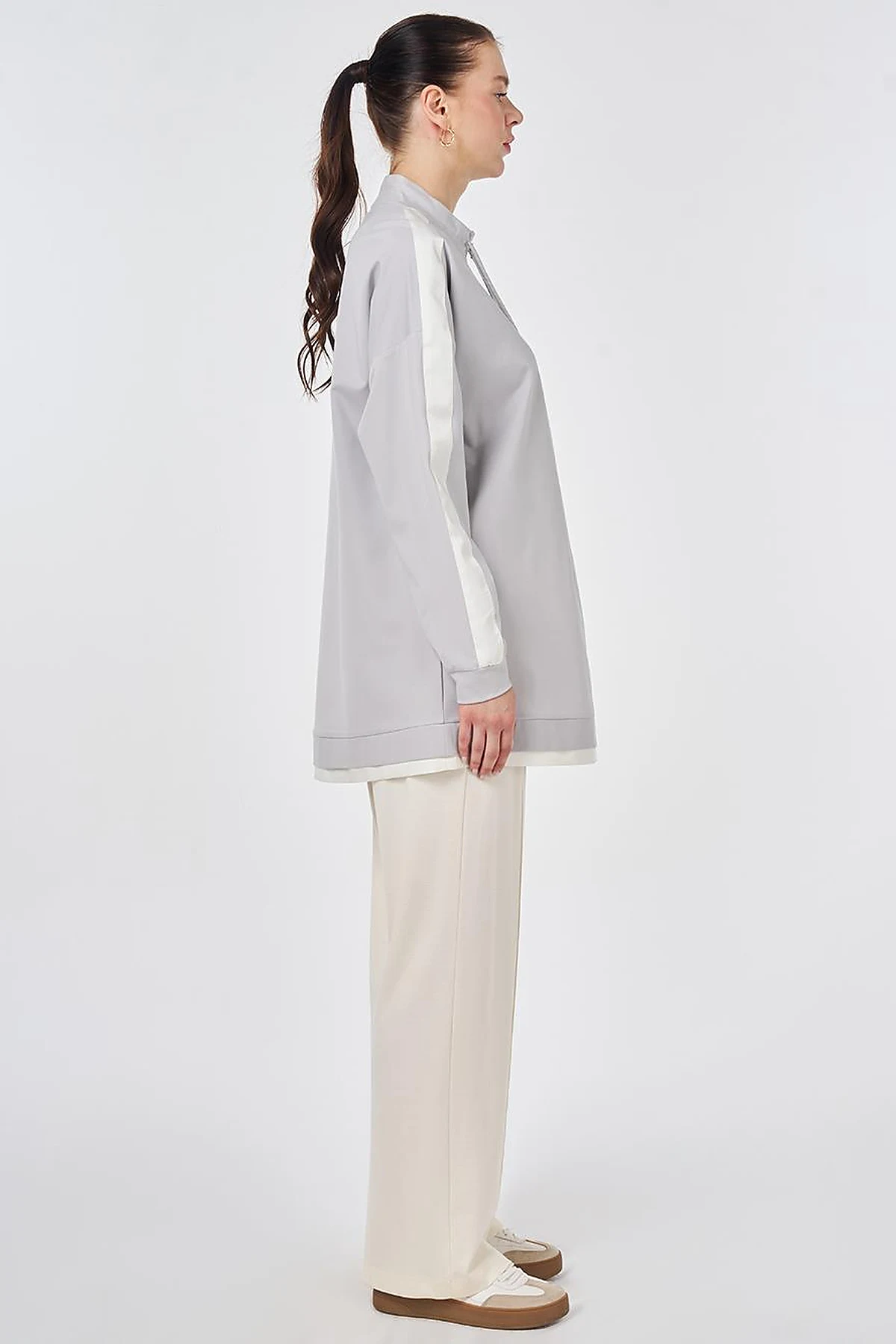 Drawstring Stand Collar Sweatshirt Light Gray