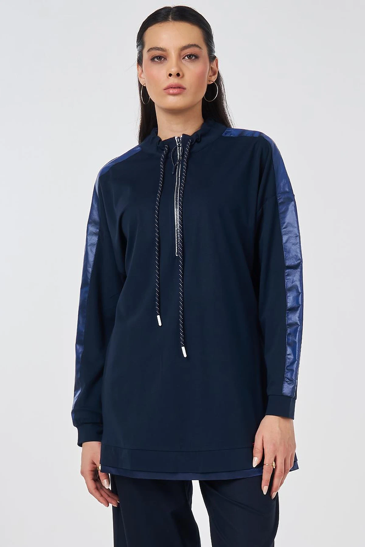 Drawstring Stand Collar Sweatshirt Dark Navy Blue