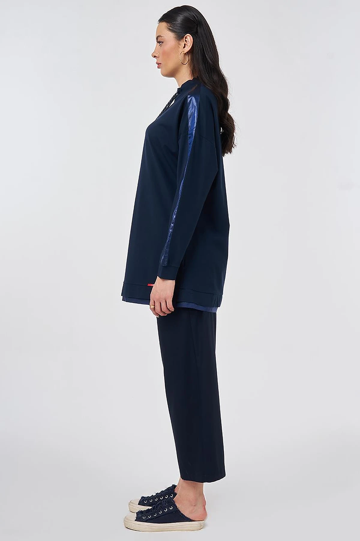 Drawstring Stand Collar Sweatshirt Dark Navy Blue
