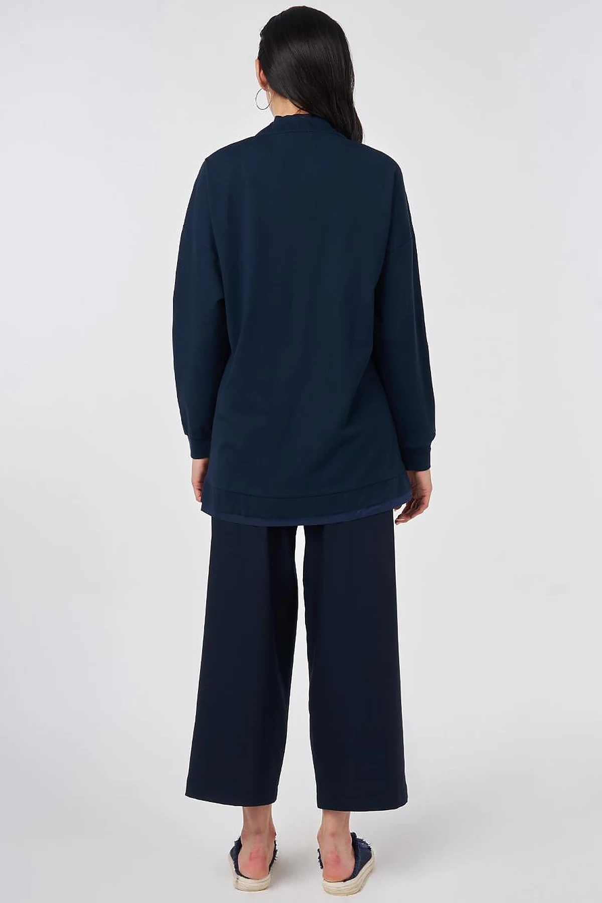 Drawstring Stand Collar Sweatshirt Dark Navy Blue
