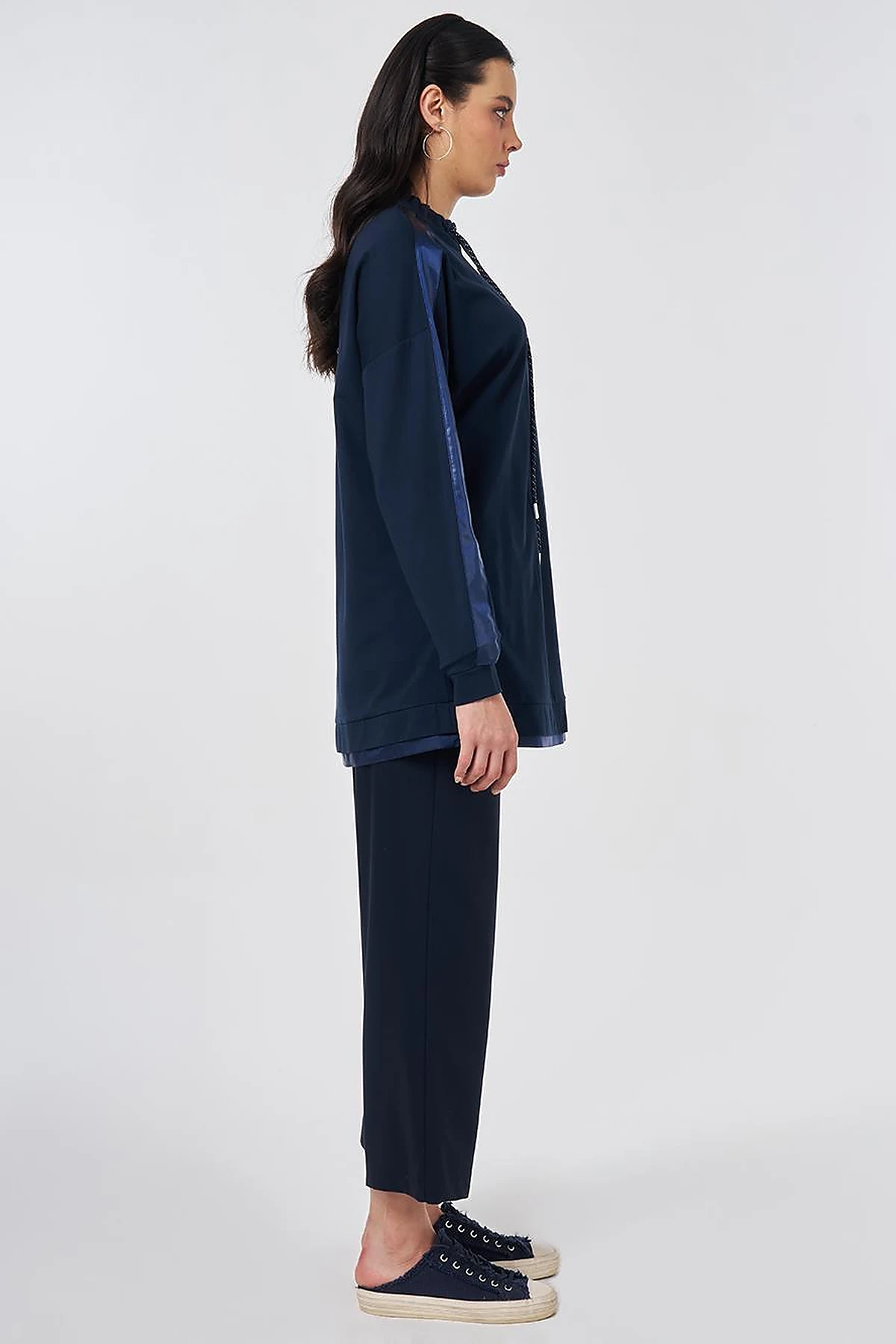 Drawstring Stand Collar Sweatshirt Dark Navy Blue