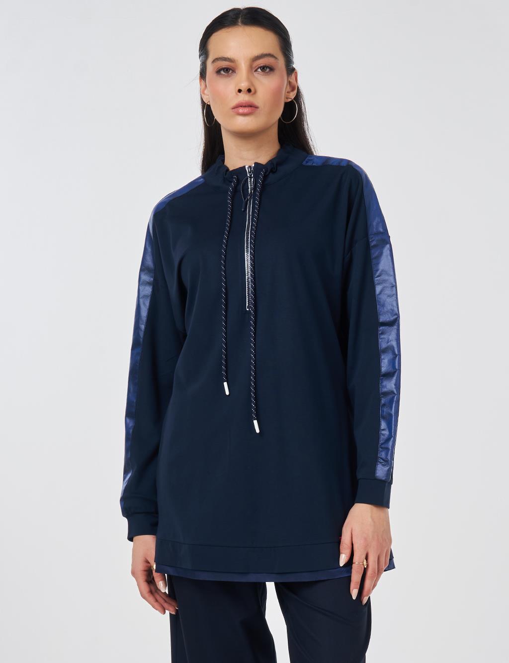 Drawstring Stand Collar Sweatshirt Dark Navy Blue
