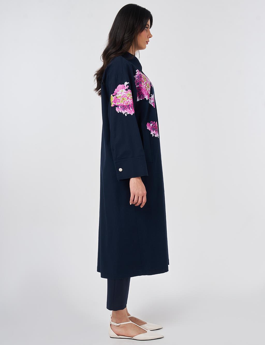 Floral Print Detail Coat Dark Navy