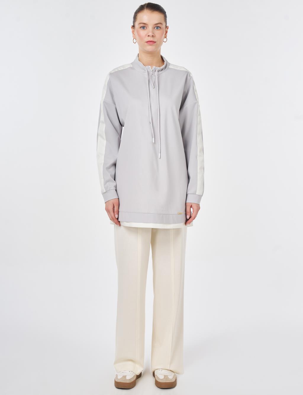 Drawstring Stand Collar Sweatshirt Light Gray