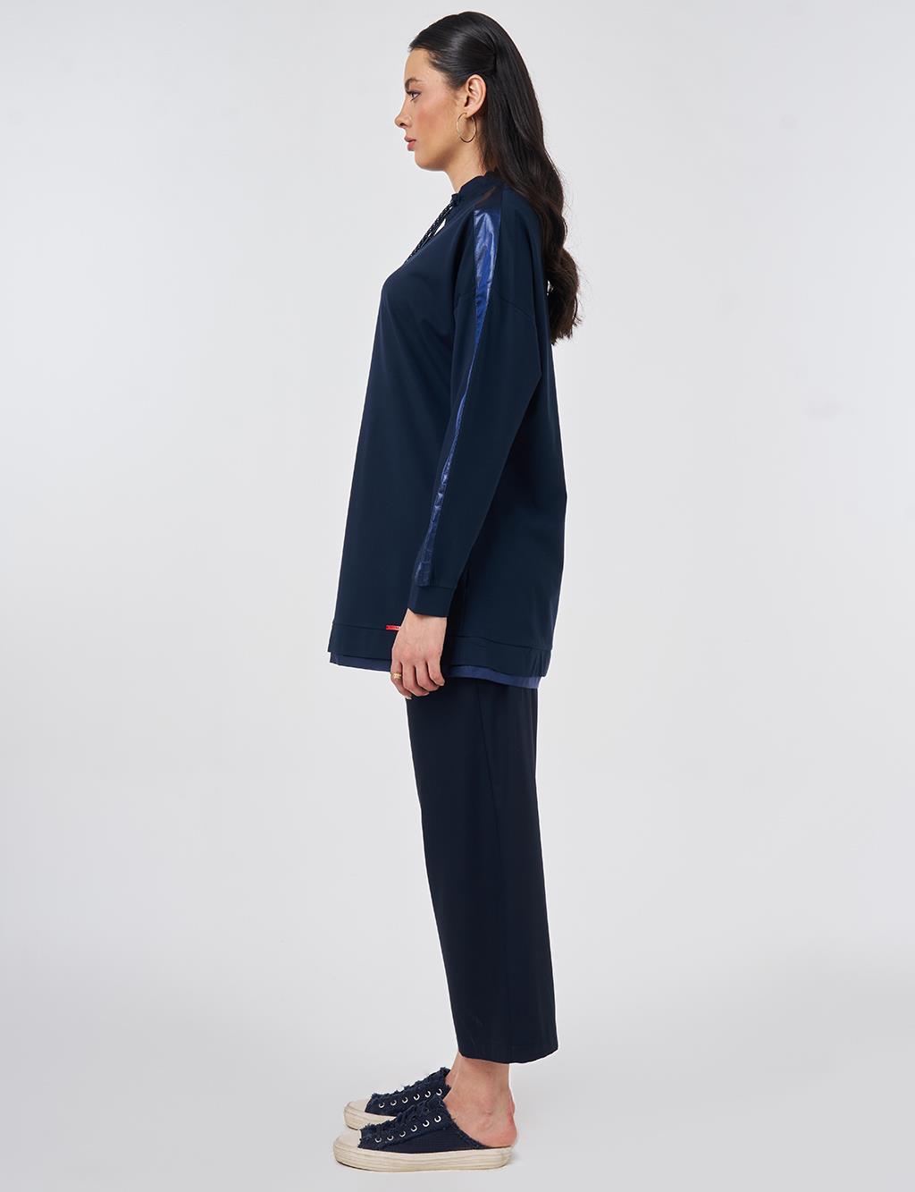 Drawstring Stand Collar Sweatshirt Dark Navy Blue