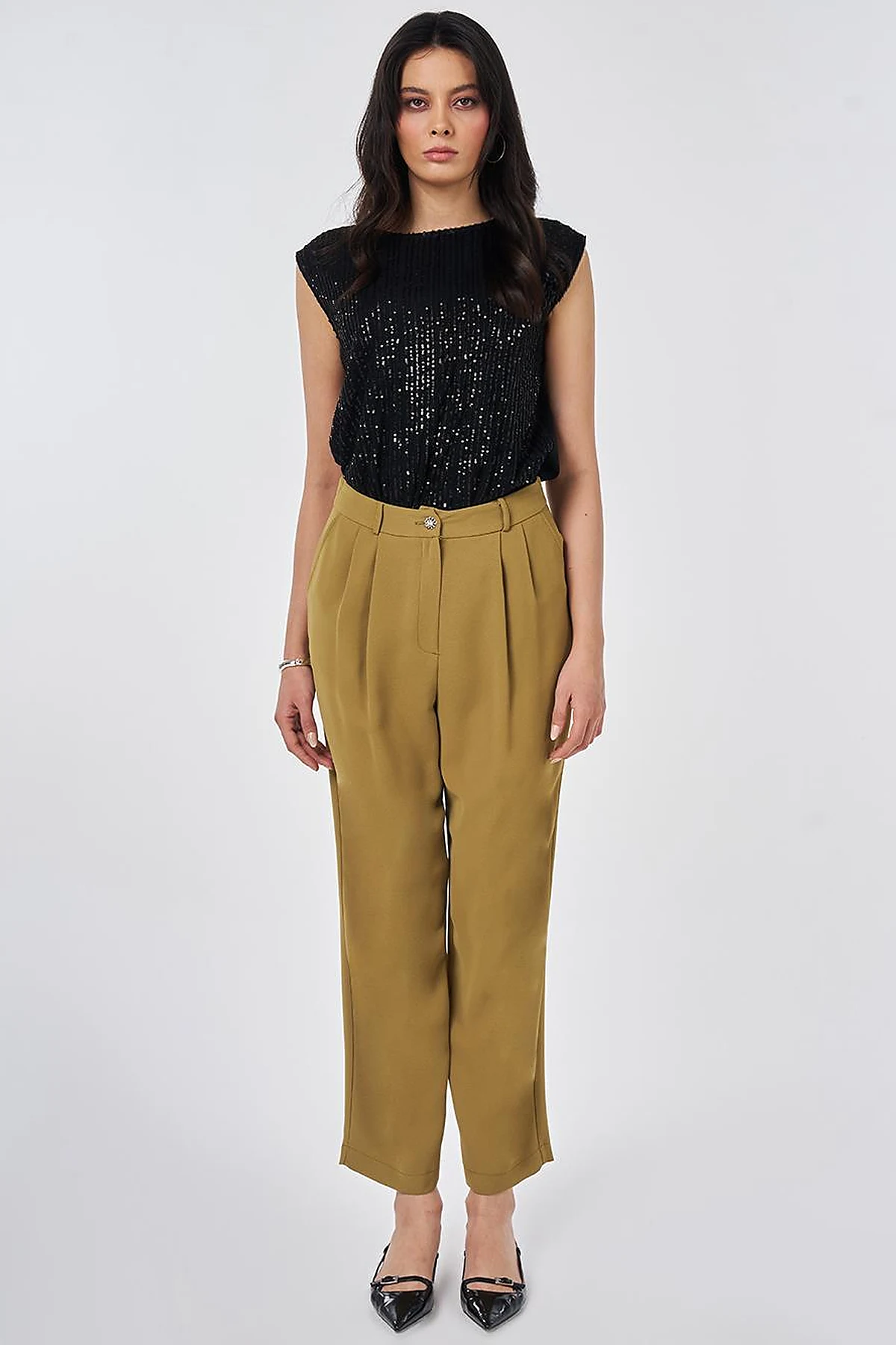 Double Pleated Crepe Trousers Khaki