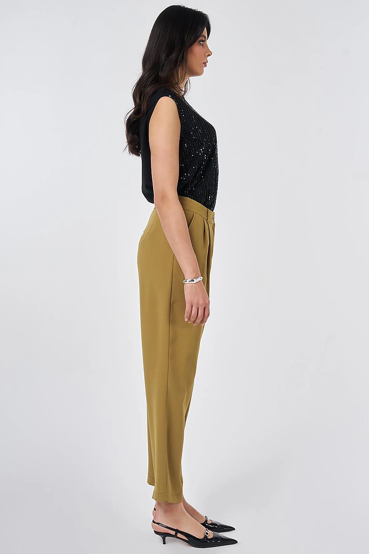 Double Pleated Crepe Trousers Khaki