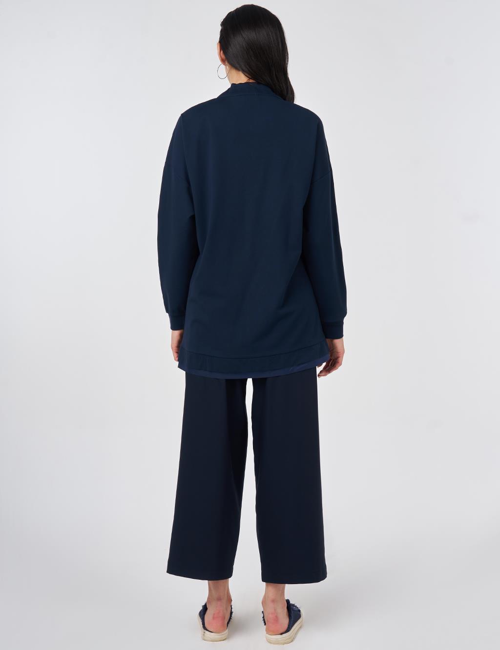 Drawstring Stand Collar Sweatshirt Dark Navy Blue